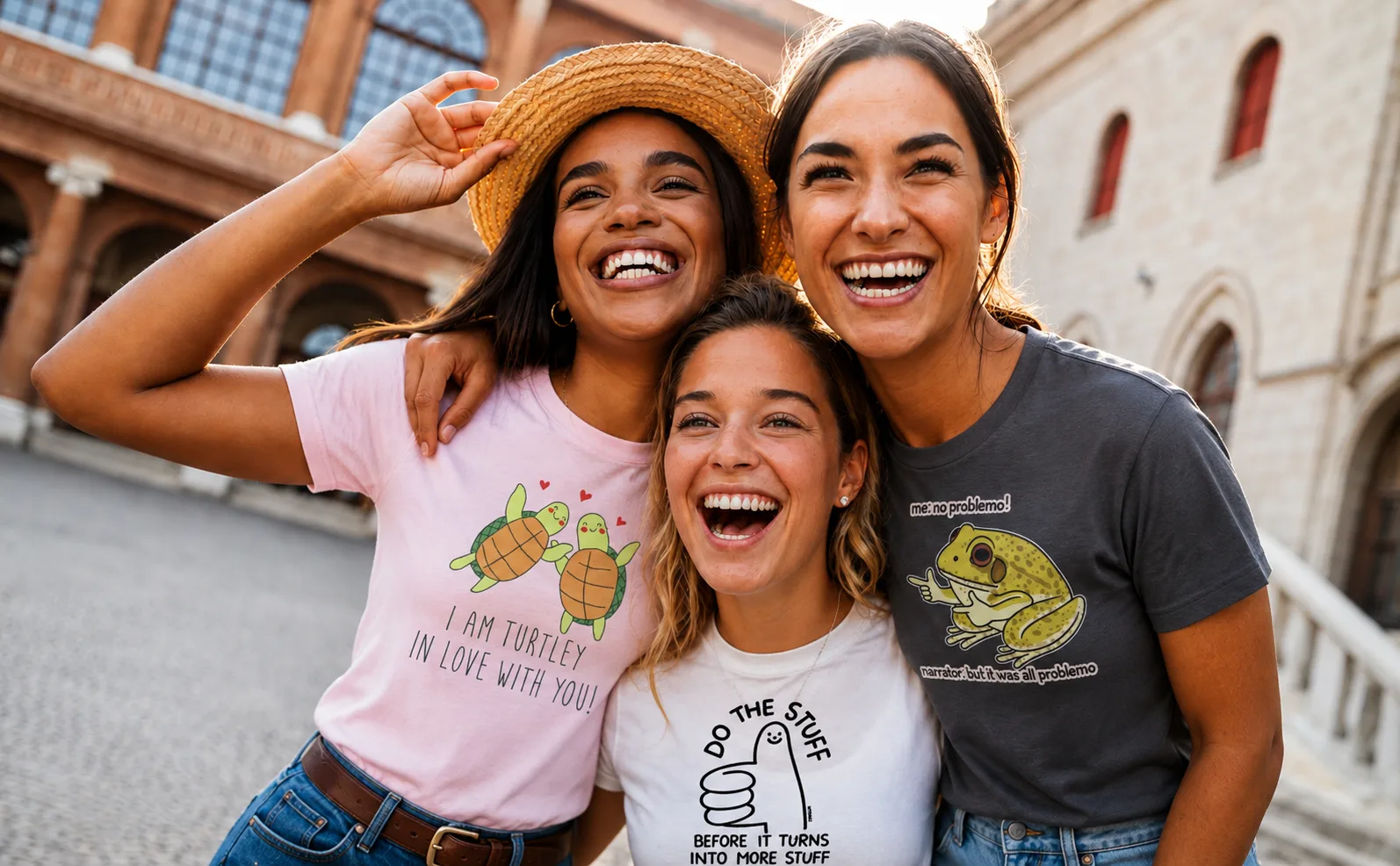 Friends wearing SAEBA graphic tees together