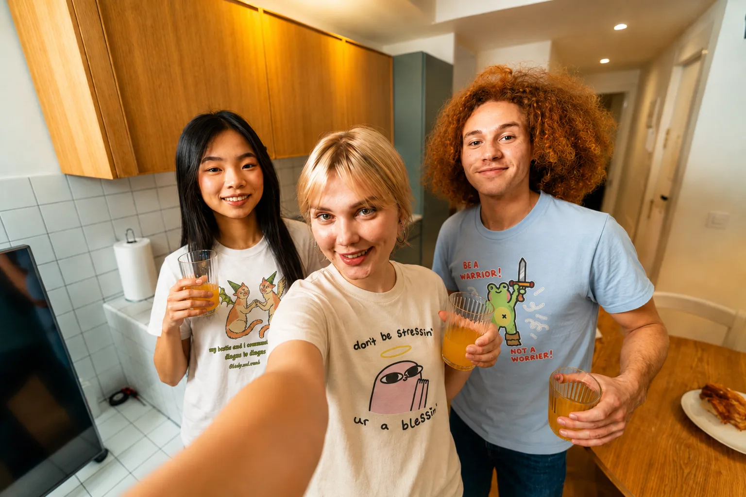Friends wearing SAEBA tees at home