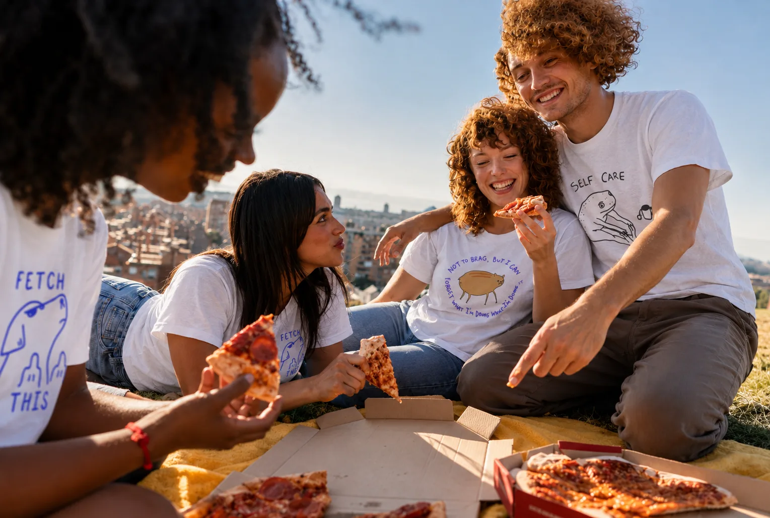 Friends wearing SAEBA tees at a picnic