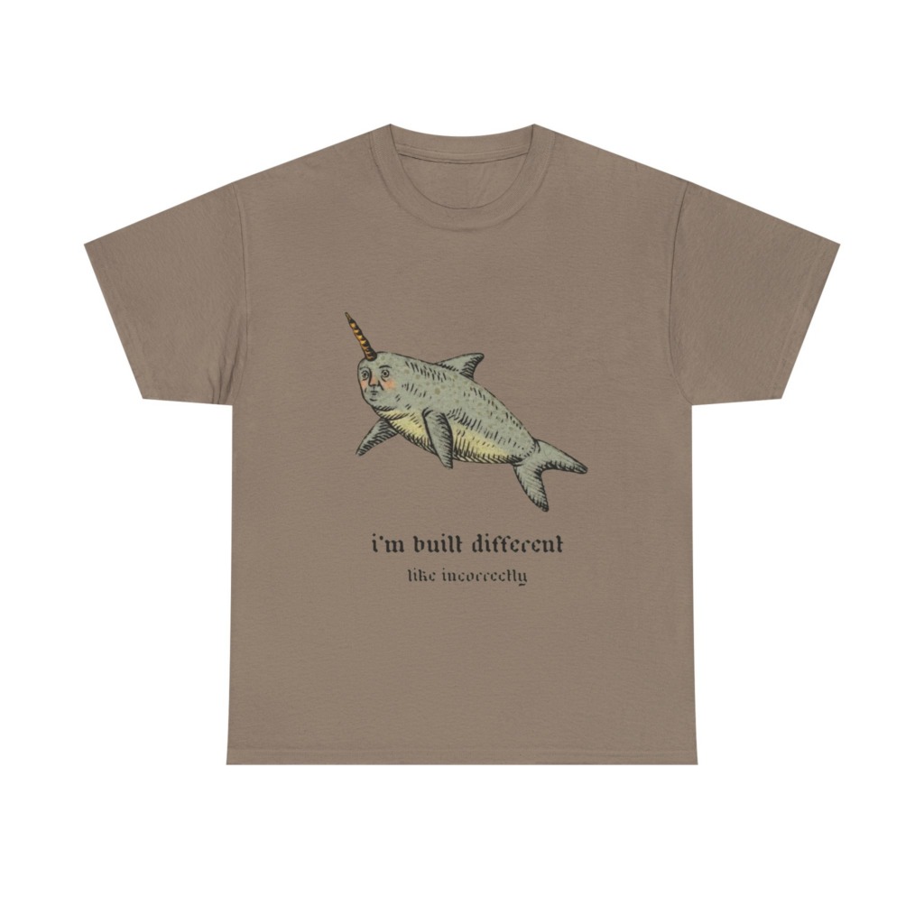 T-Shirt: Human-Faced Narwhal 'Built Different' Graphic
