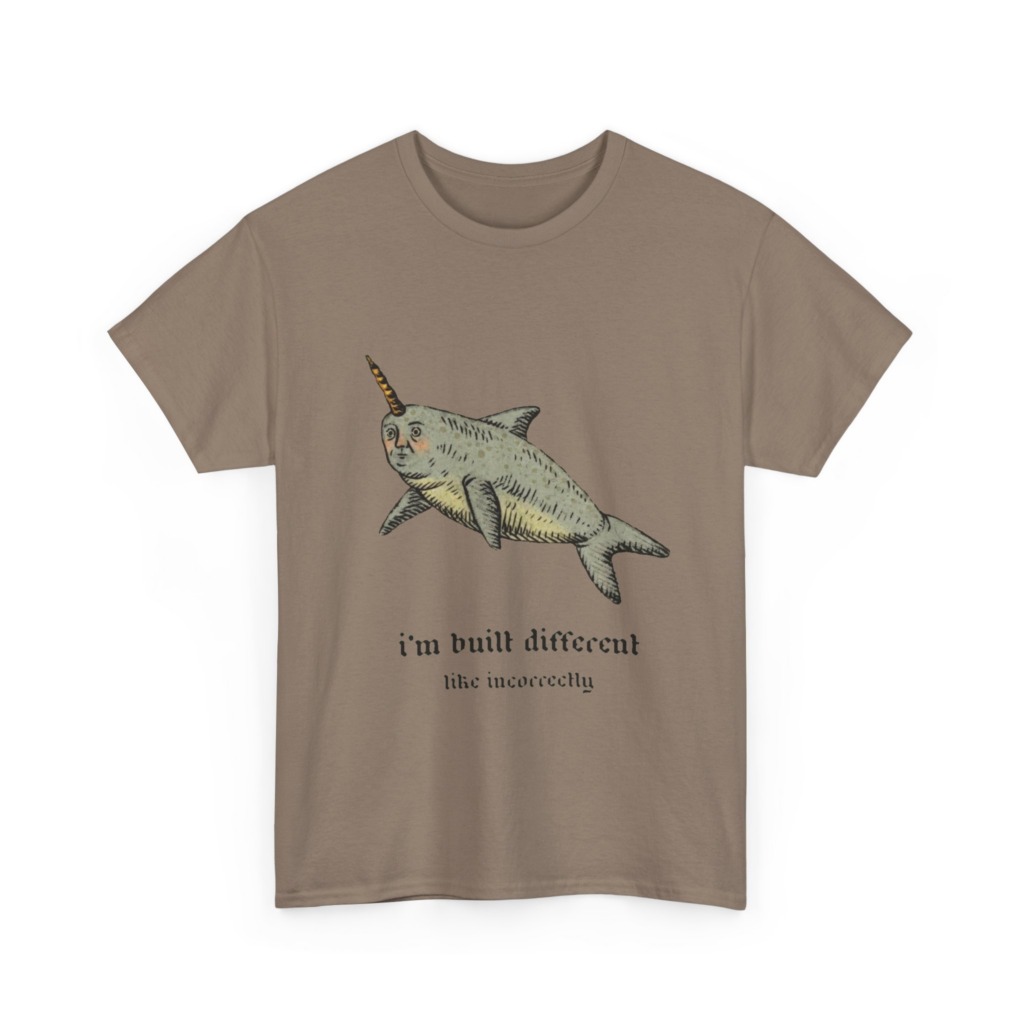 T-Shirt: Human-Faced Narwhal 'Built Different' Graphic