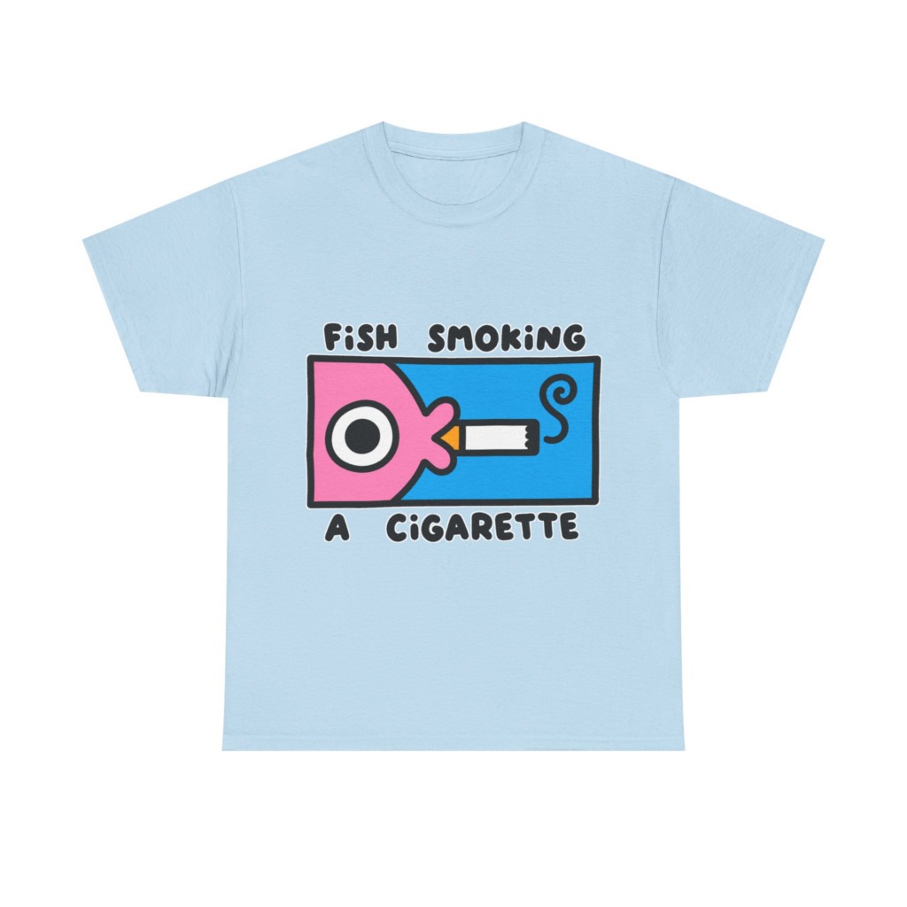 T-Shirt with Fish Smoking a Cigarette Graphic