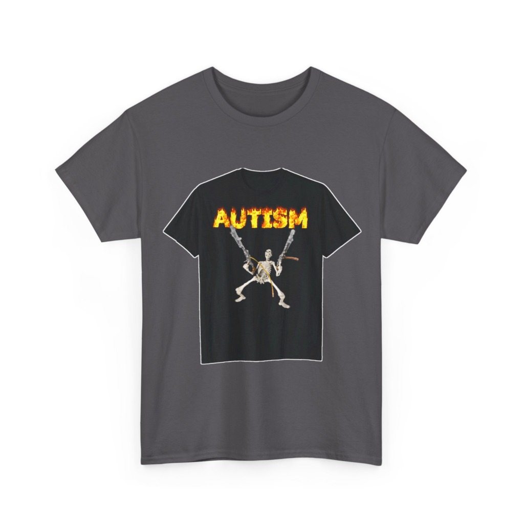 Black T-Shirt with Flaming Autism Text & Skeleton Guns