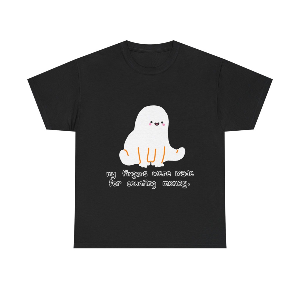 White T-Shirt with 'Counting Money Ghost' Graphic