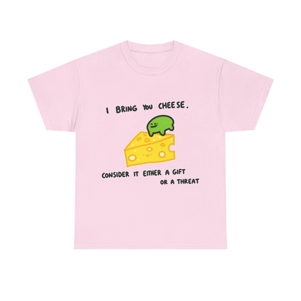T-Shirt with Green Blob & Cheese 'Gift or Threat' Graphic