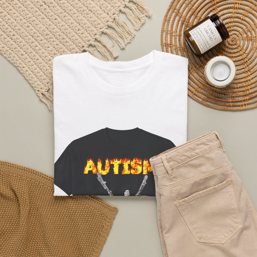Black T-Shirt with Flaming Autism Text & Skeleton Guns