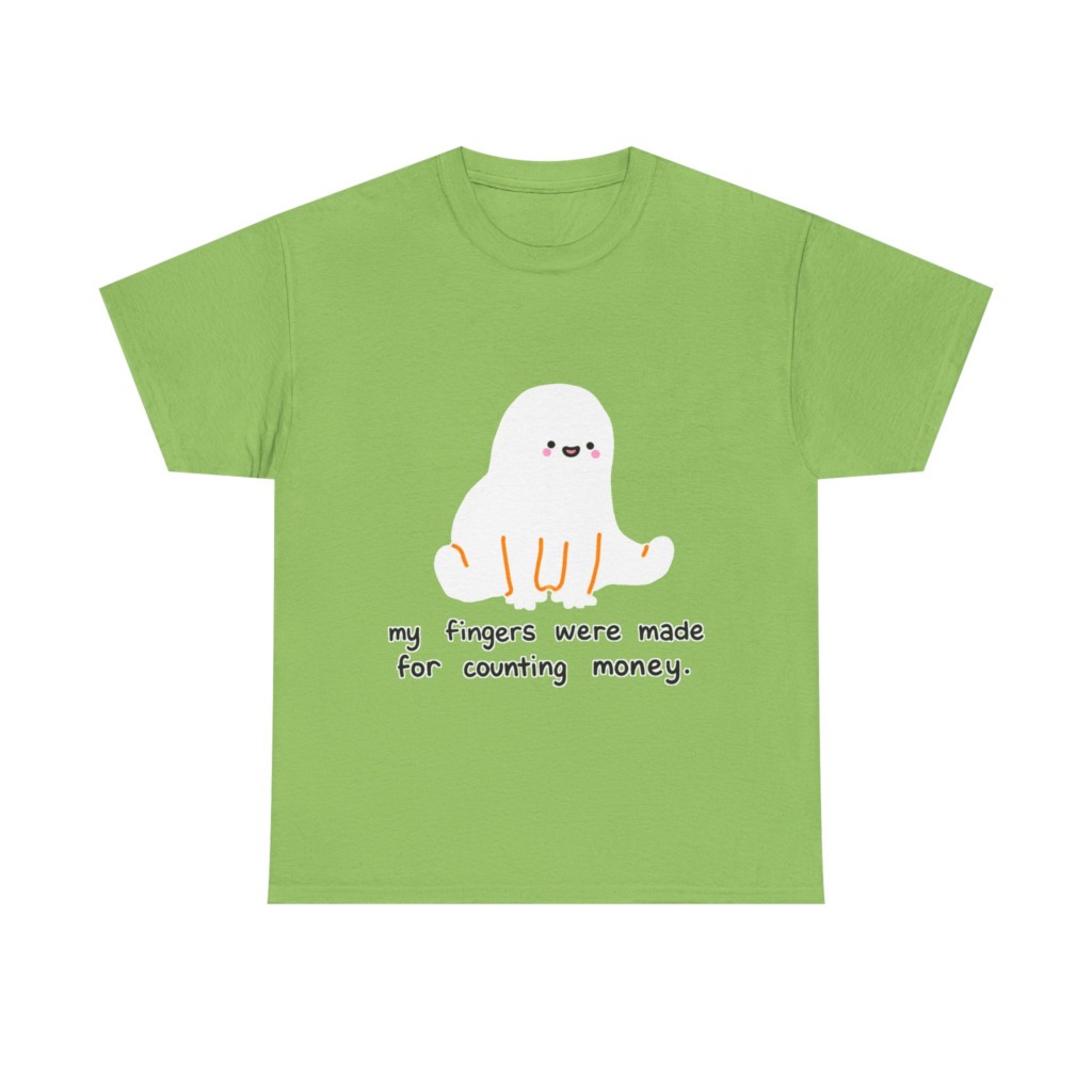 White T-Shirt with 'Counting Money Ghost' Graphic