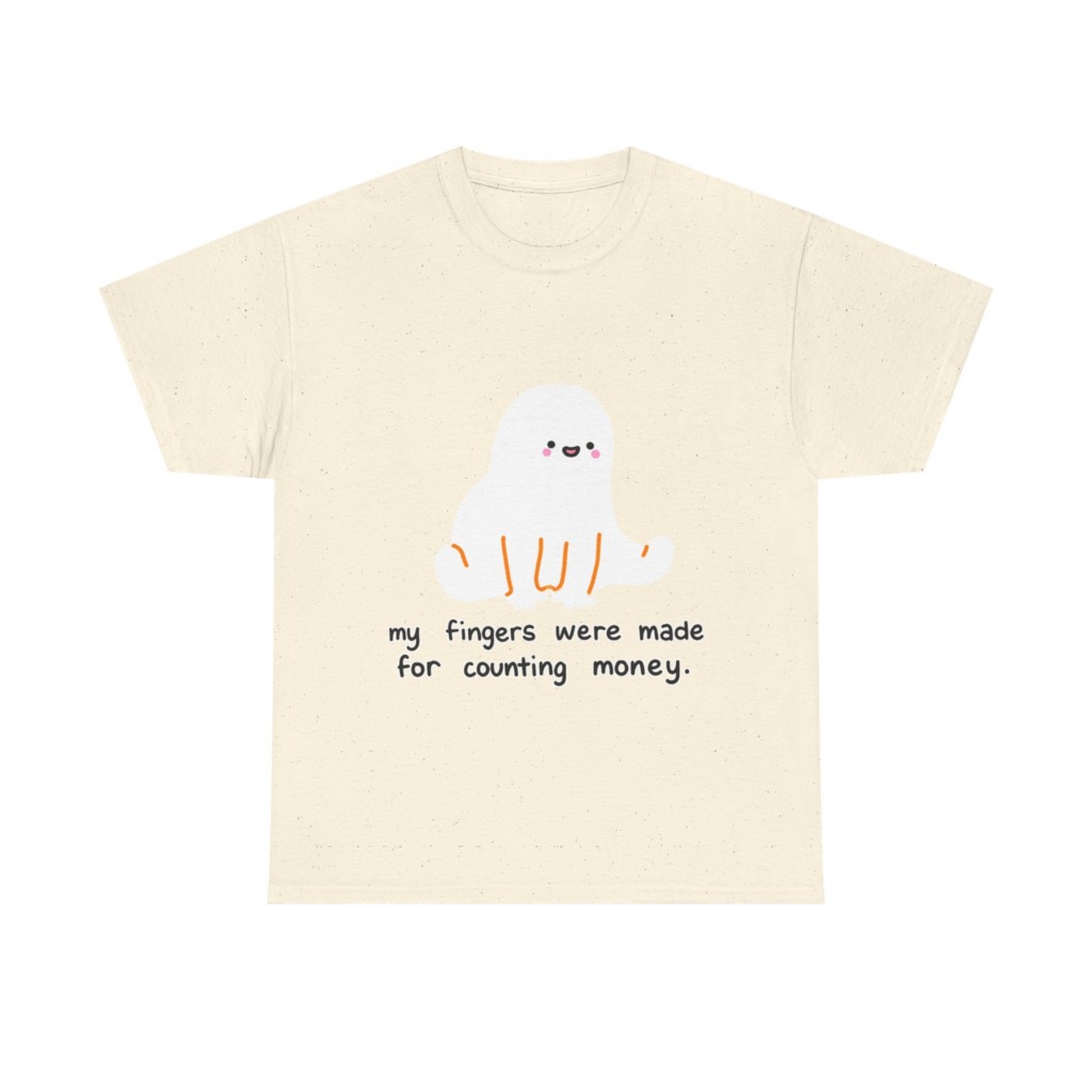White T-Shirt with 'Counting Money Ghost' Graphic