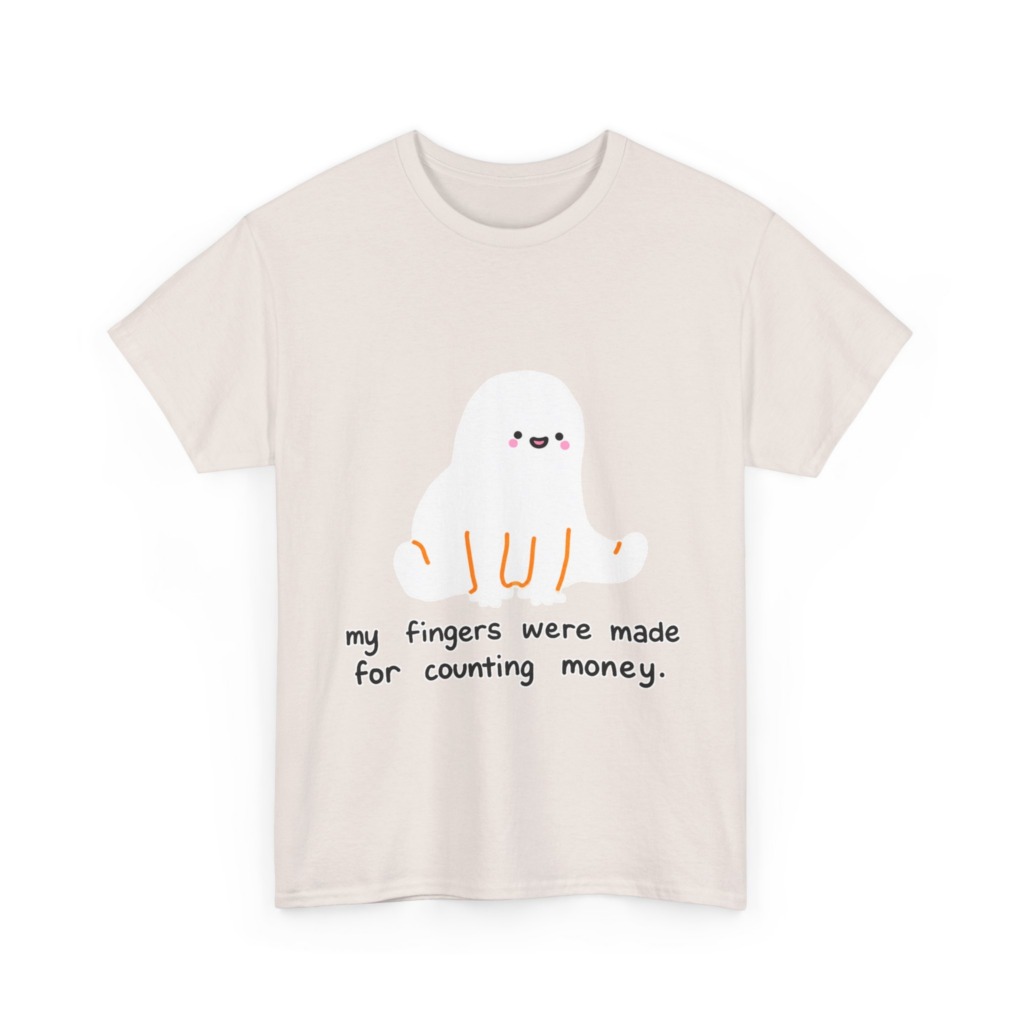 White T-Shirt with 'Counting Money Ghost' Graphic