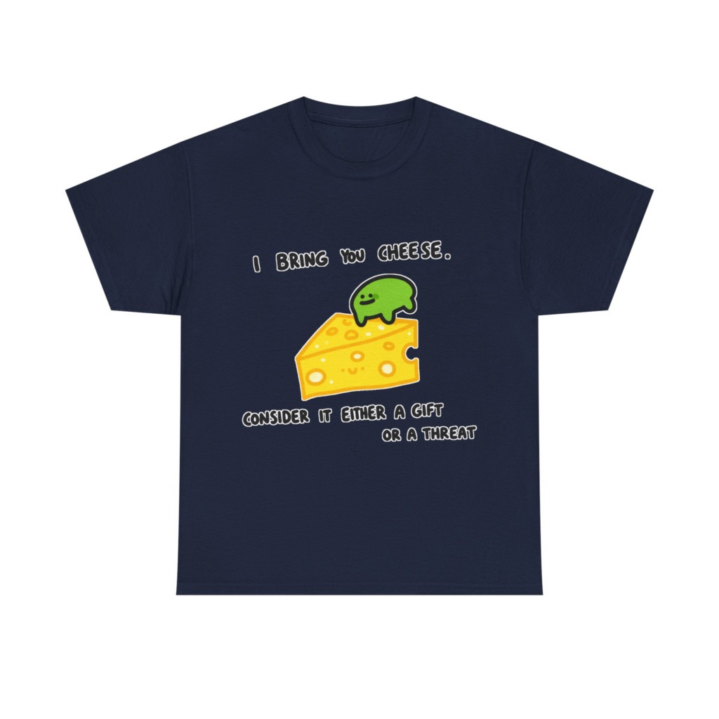 T-Shirt with Green Blob & Cheese 'Gift or Threat' Graphic