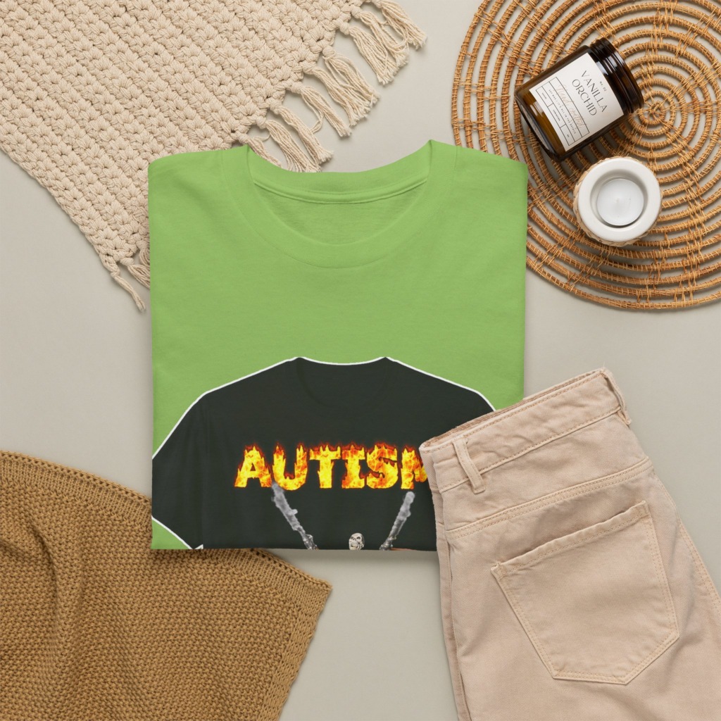 Black T-Shirt with Flaming Autism Text & Skeleton Guns