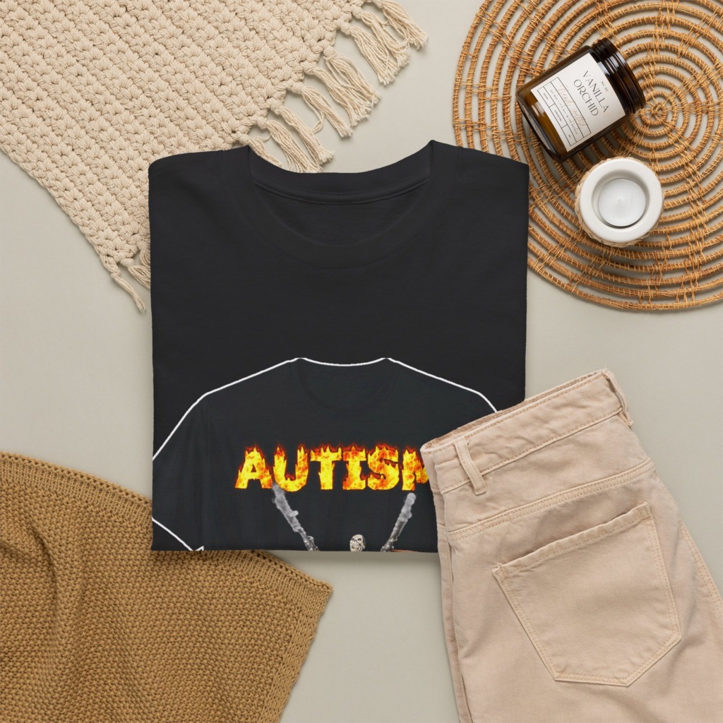 Black T-Shirt with Flaming Autism Text & Skeleton Guns