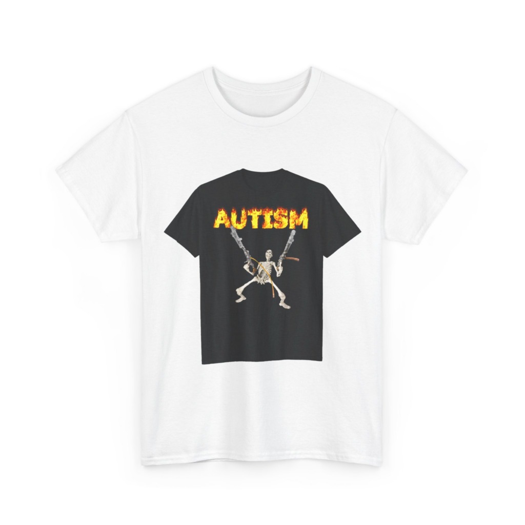 Black T-Shirt with Flaming Autism Text & Skeleton Guns