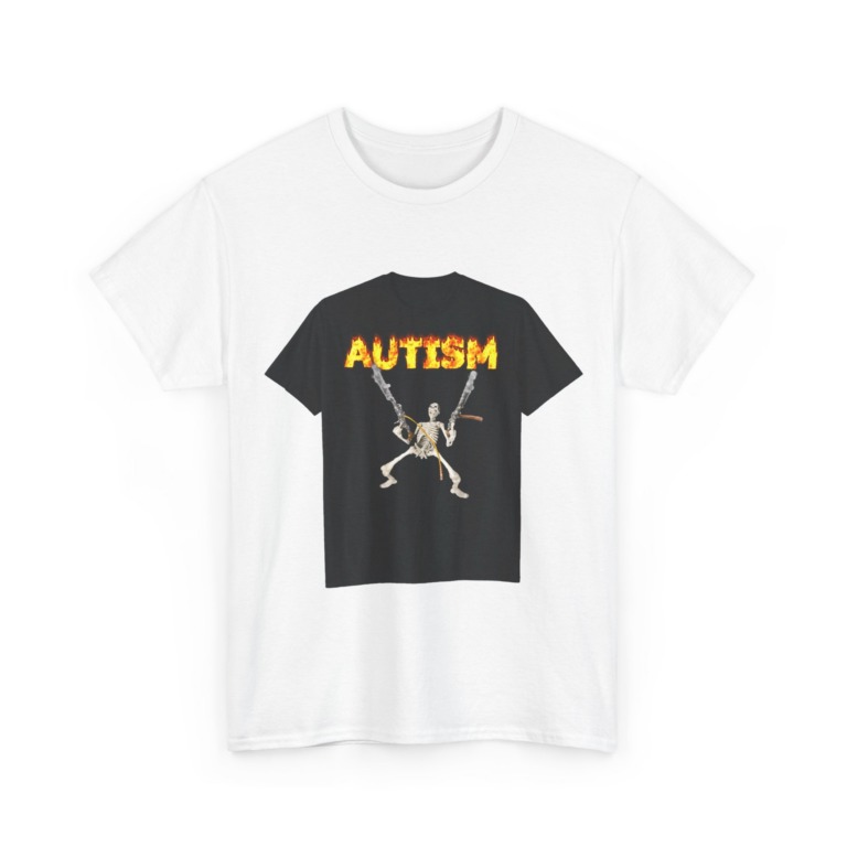 Black T-Shirt with Flaming Autism Text & Skeleton Guns