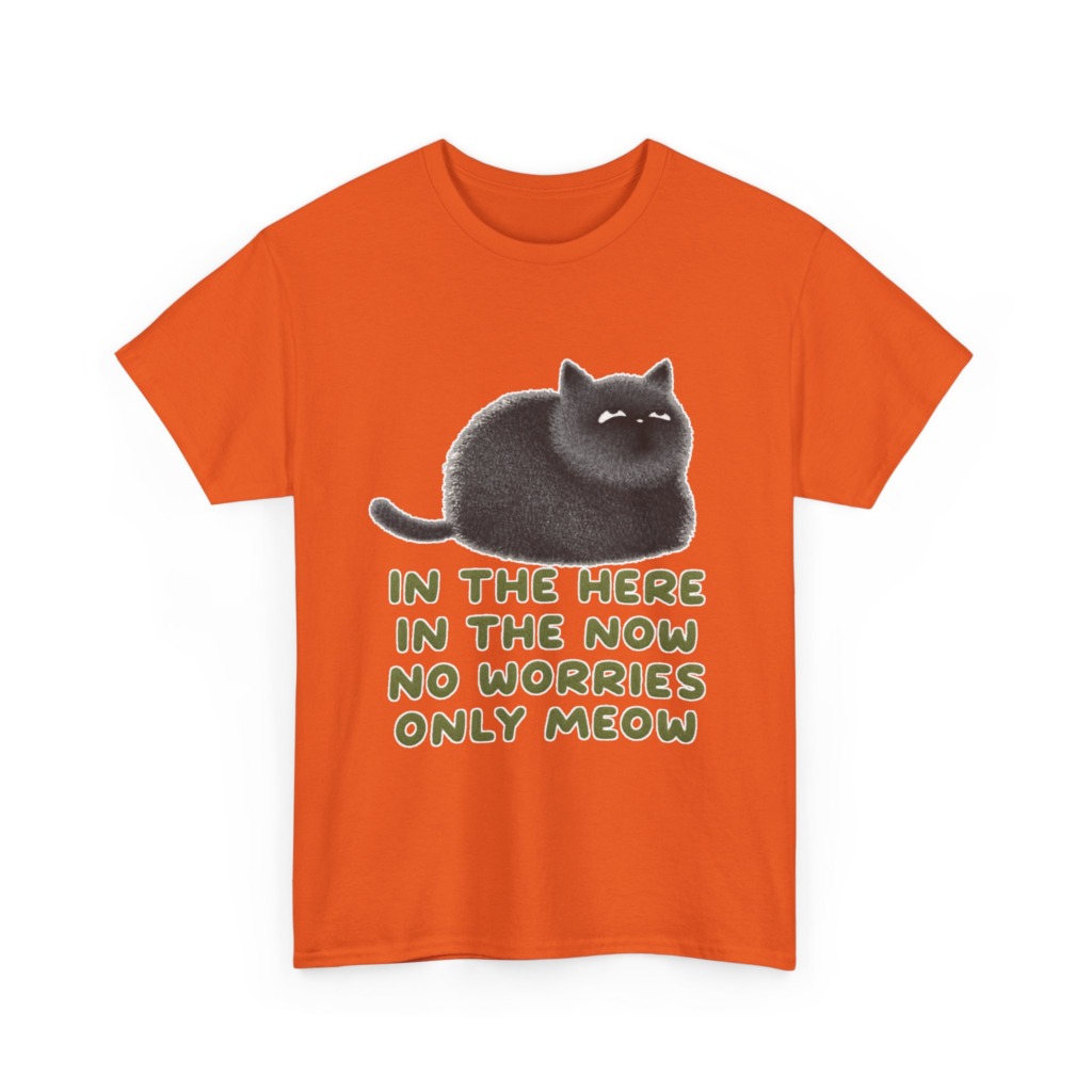 T-Shirt: Chubby Cat 'No Worries Only Meow' Slogan