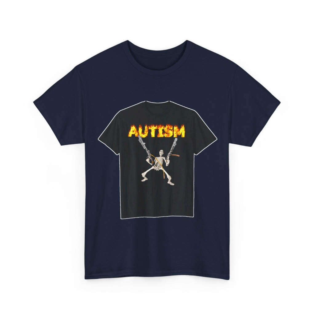 Black T-Shirt with Flaming Autism Text & Skeleton Guns