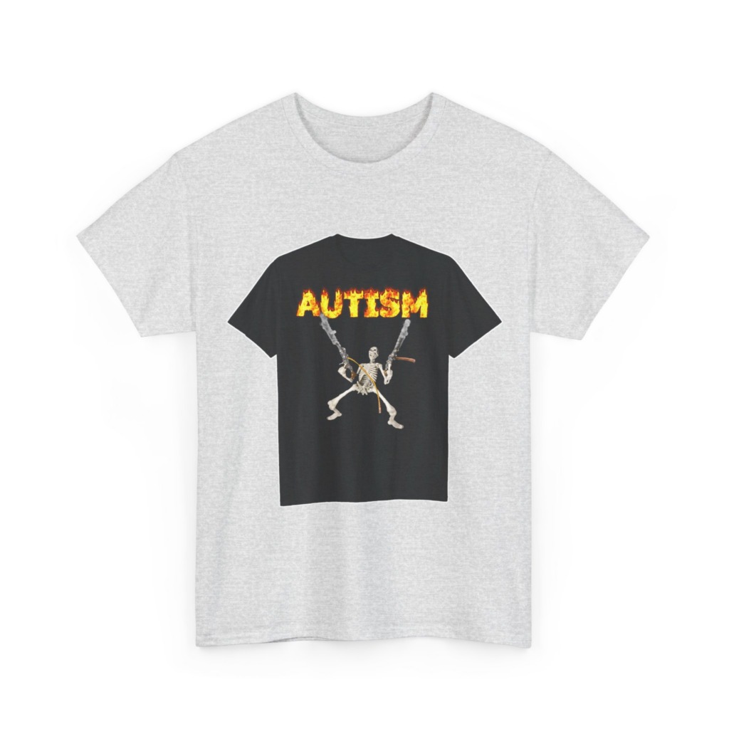 Black T-Shirt with Flaming Autism Text & Skeleton Guns