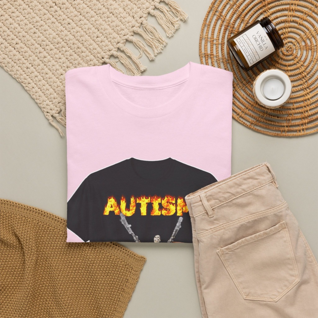 Black T-Shirt with Flaming Autism Text & Skeleton Guns