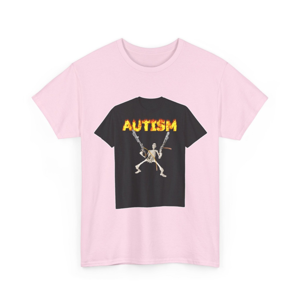 Black T-Shirt with Flaming Autism Text & Skeleton Guns