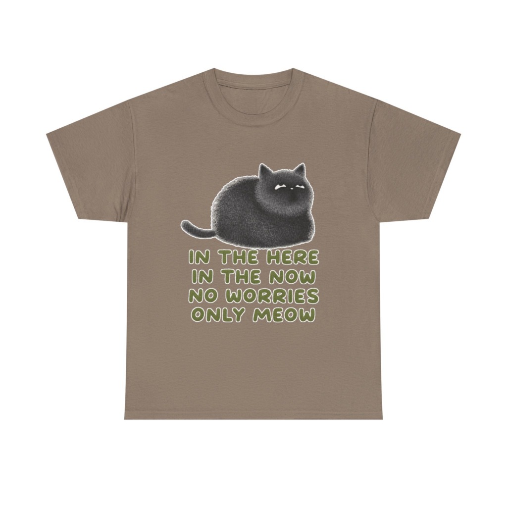 T-Shirt: Chubby Cat 'No Worries Only Meow' Slogan