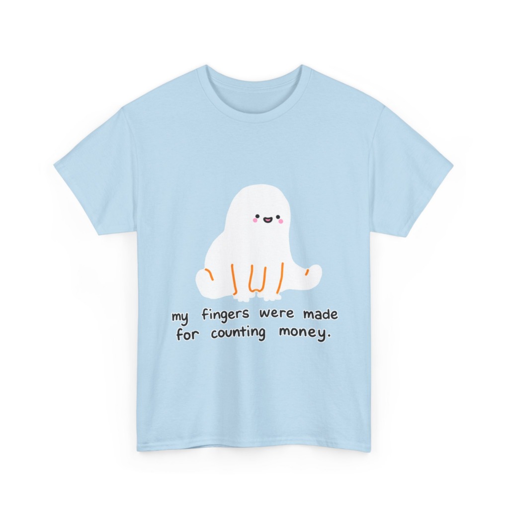 White T-Shirt with 'Counting Money Ghost' Graphic