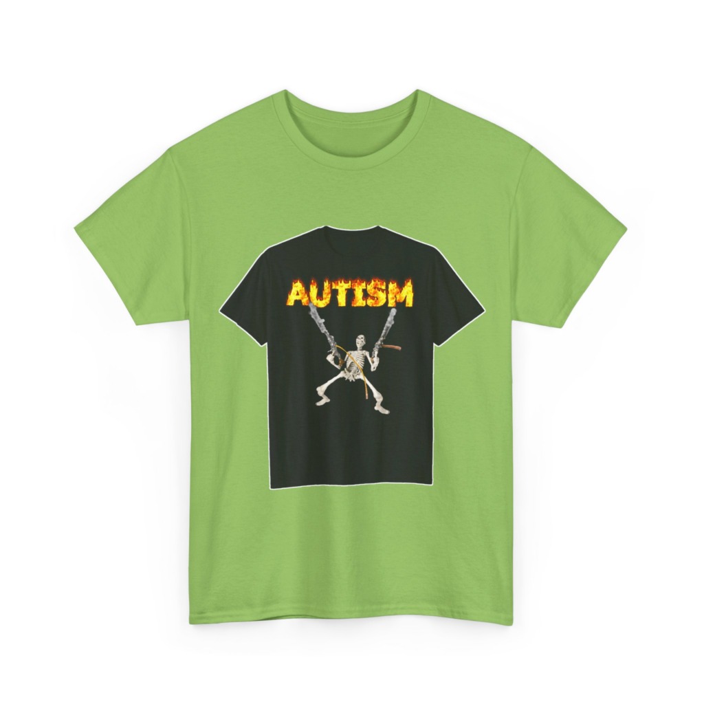 Black T-Shirt with Flaming Autism Text & Skeleton Guns