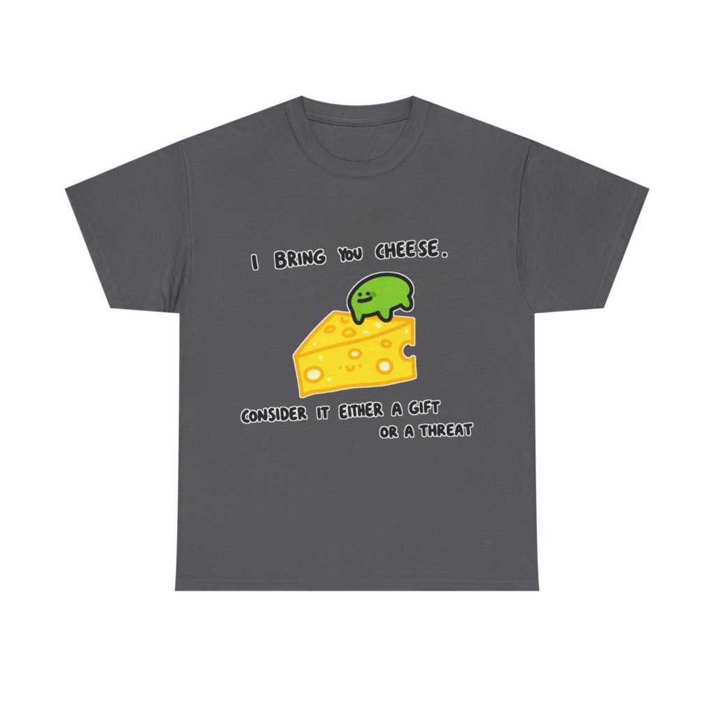 T-Shirt with Green Blob & Cheese 'Gift or Threat' Graphic