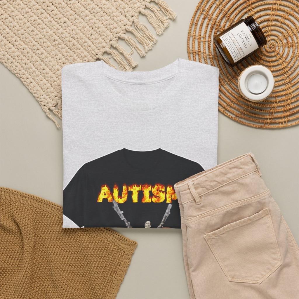Black T-Shirt with Flaming Autism Text & Skeleton Guns