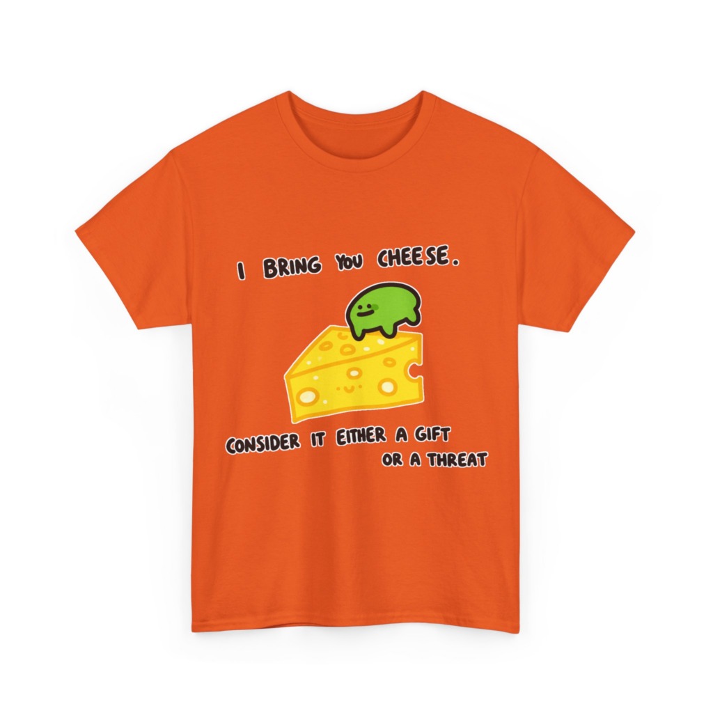 T-Shirt with Green Blob & Cheese 'Gift or Threat' Graphic