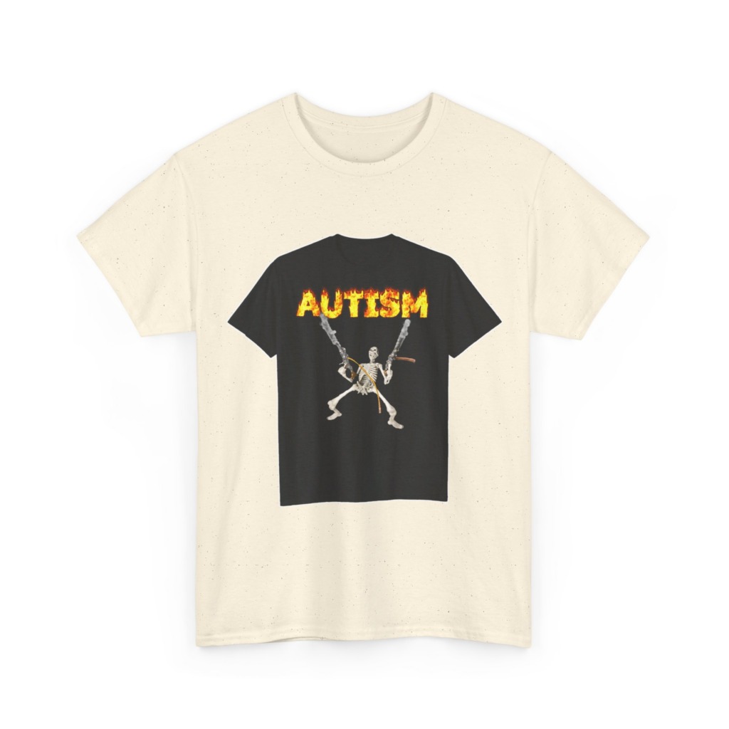 Black T-Shirt with Flaming Autism Text & Skeleton Guns