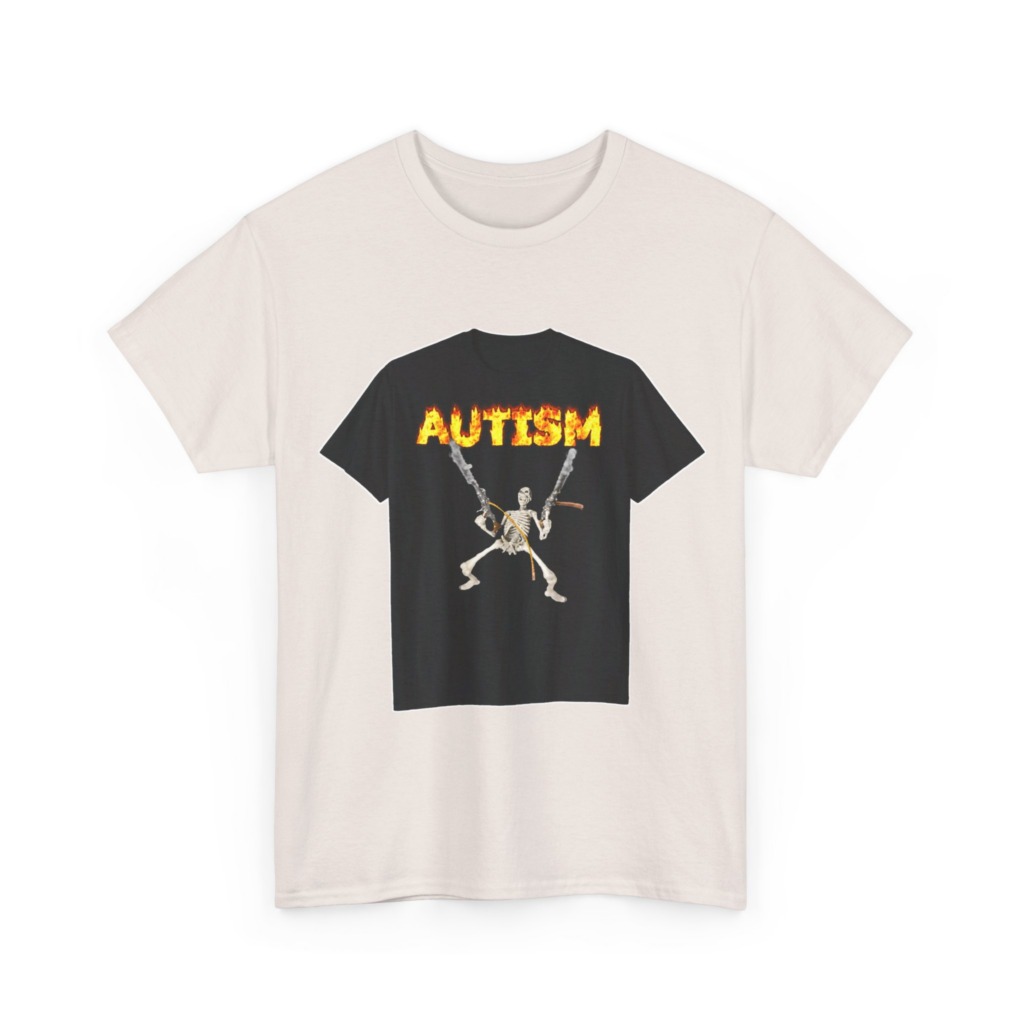 Black T-Shirt with Flaming Autism Text & Skeleton Guns