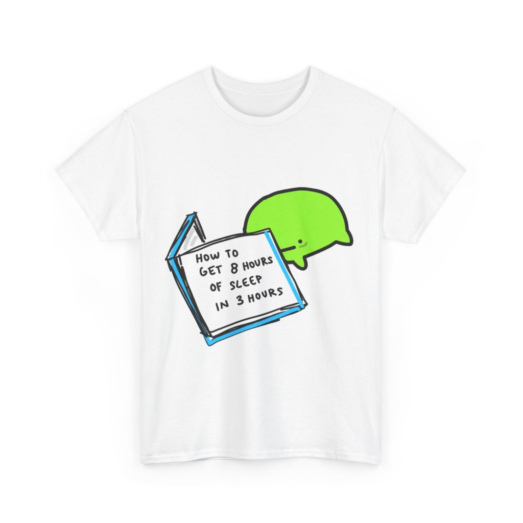 T-Shirt: Sleep Hack Book & Green Character Graphic