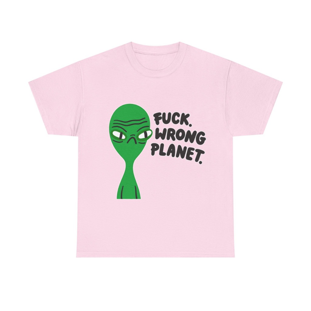 T-Shirt: Grumpy Green Alien 'Wrong Planet' Graphic Print