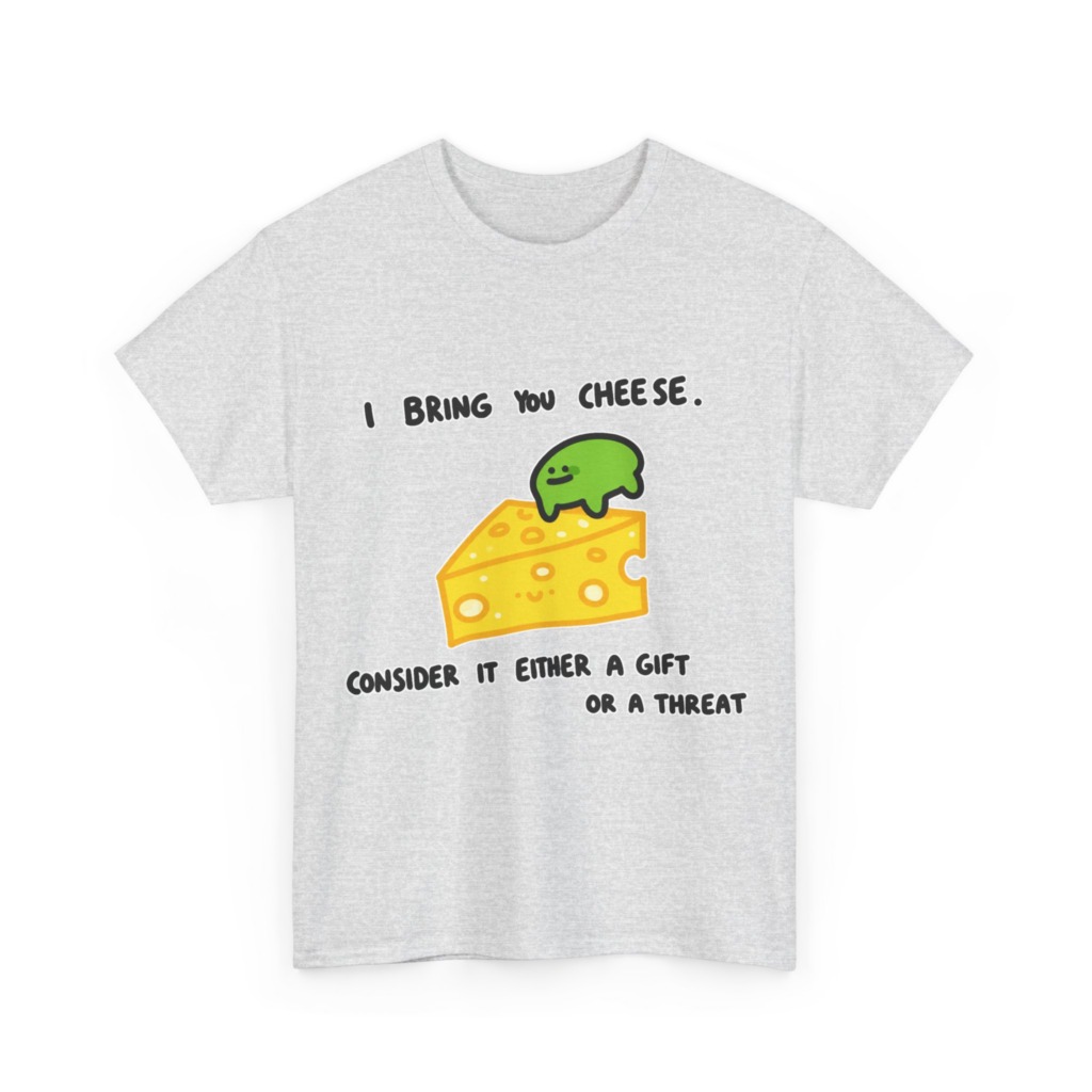 T-Shirt with Green Blob & Cheese 'Gift or Threat' Graphic