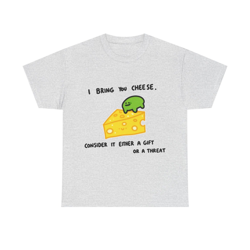 T-Shirt with Green Blob & Cheese 'Gift or Threat' Graphic