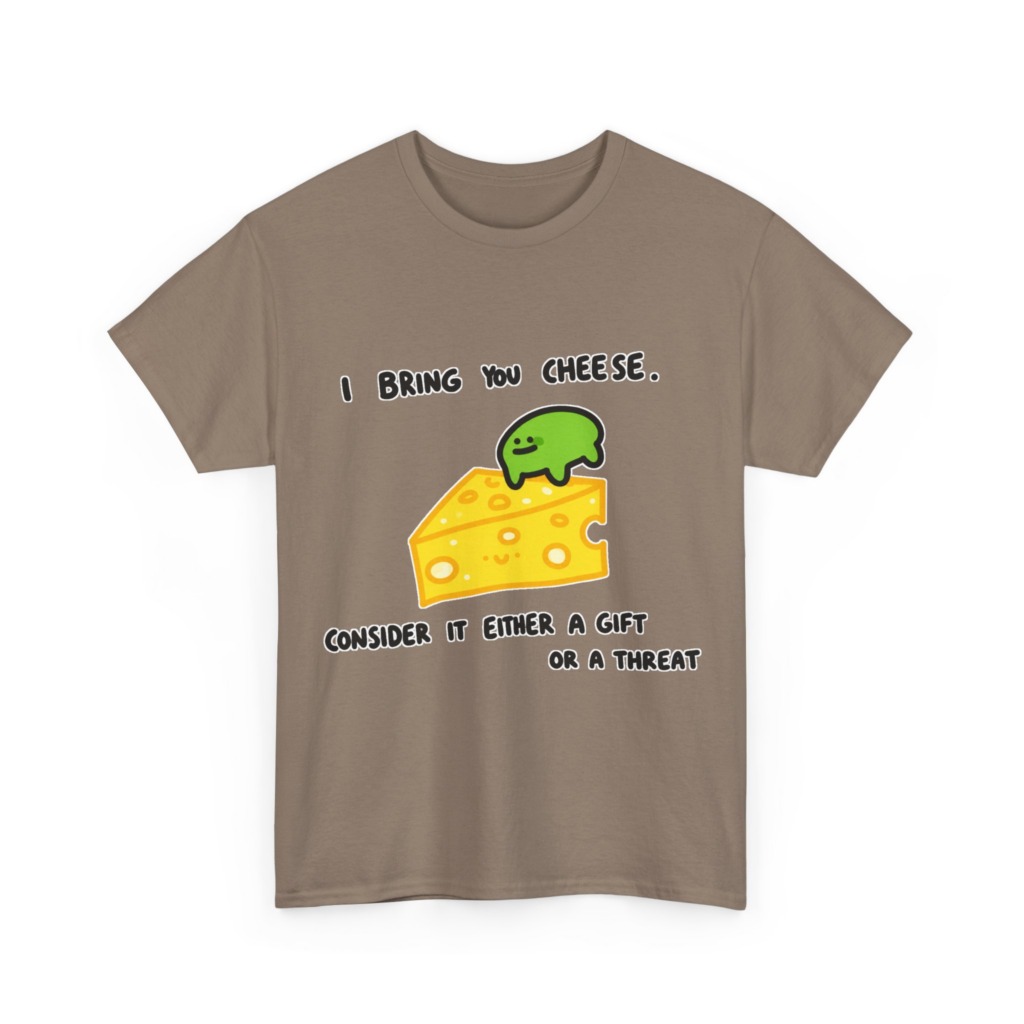 T-Shirt with Green Blob & Cheese 'Gift or Threat' Graphic