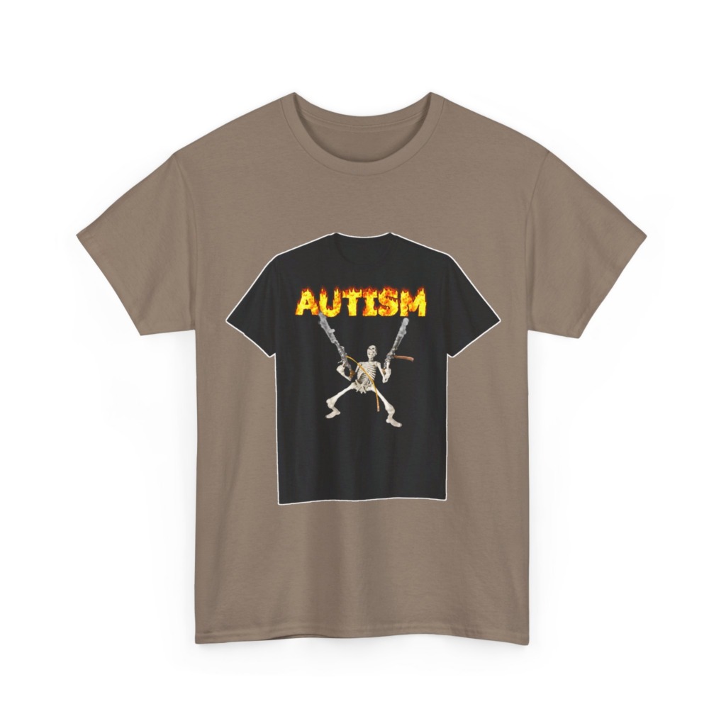 Black T-Shirt with Flaming Autism Text & Skeleton Guns