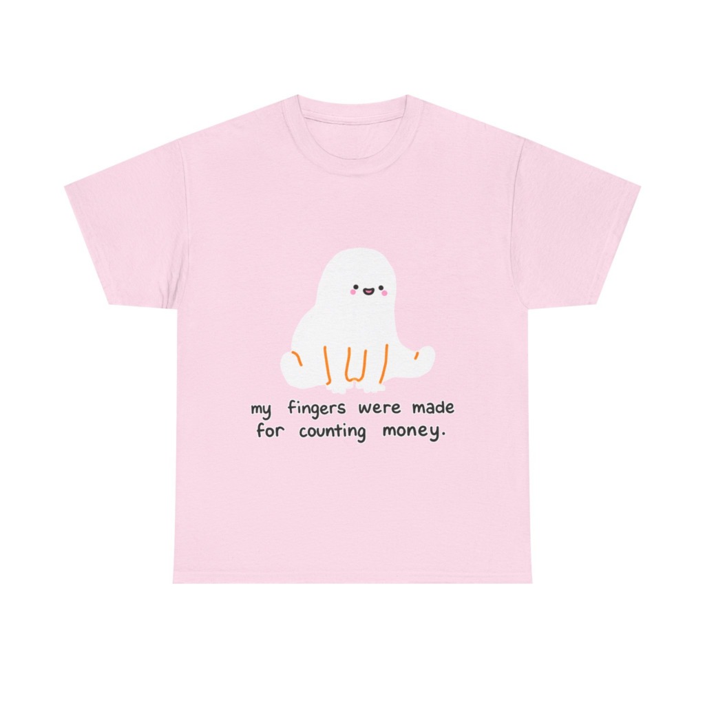 White T-Shirt with 'Counting Money Ghost' Graphic