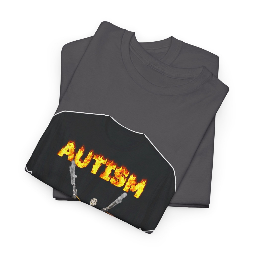 Black T-Shirt with Flaming Autism Text & Skeleton Guns