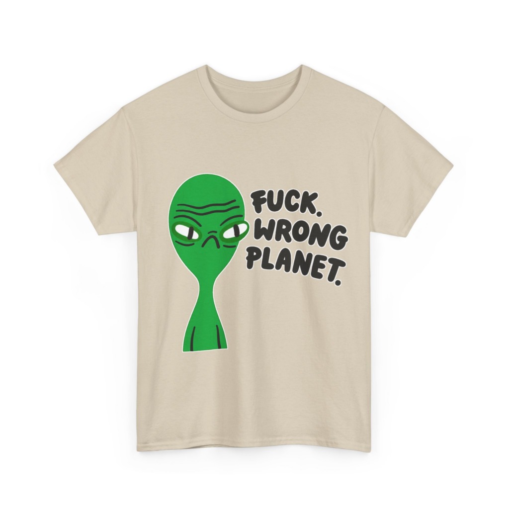 T-Shirt: Grumpy Green Alien 'Wrong Planet' Graphic Print