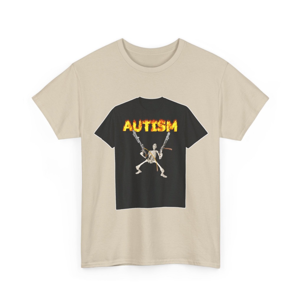 Black T-Shirt with Flaming Autism Text & Skeleton Guns