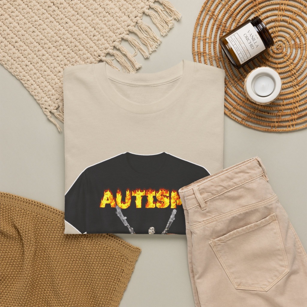 Black T-Shirt with Flaming Autism Text & Skeleton Guns