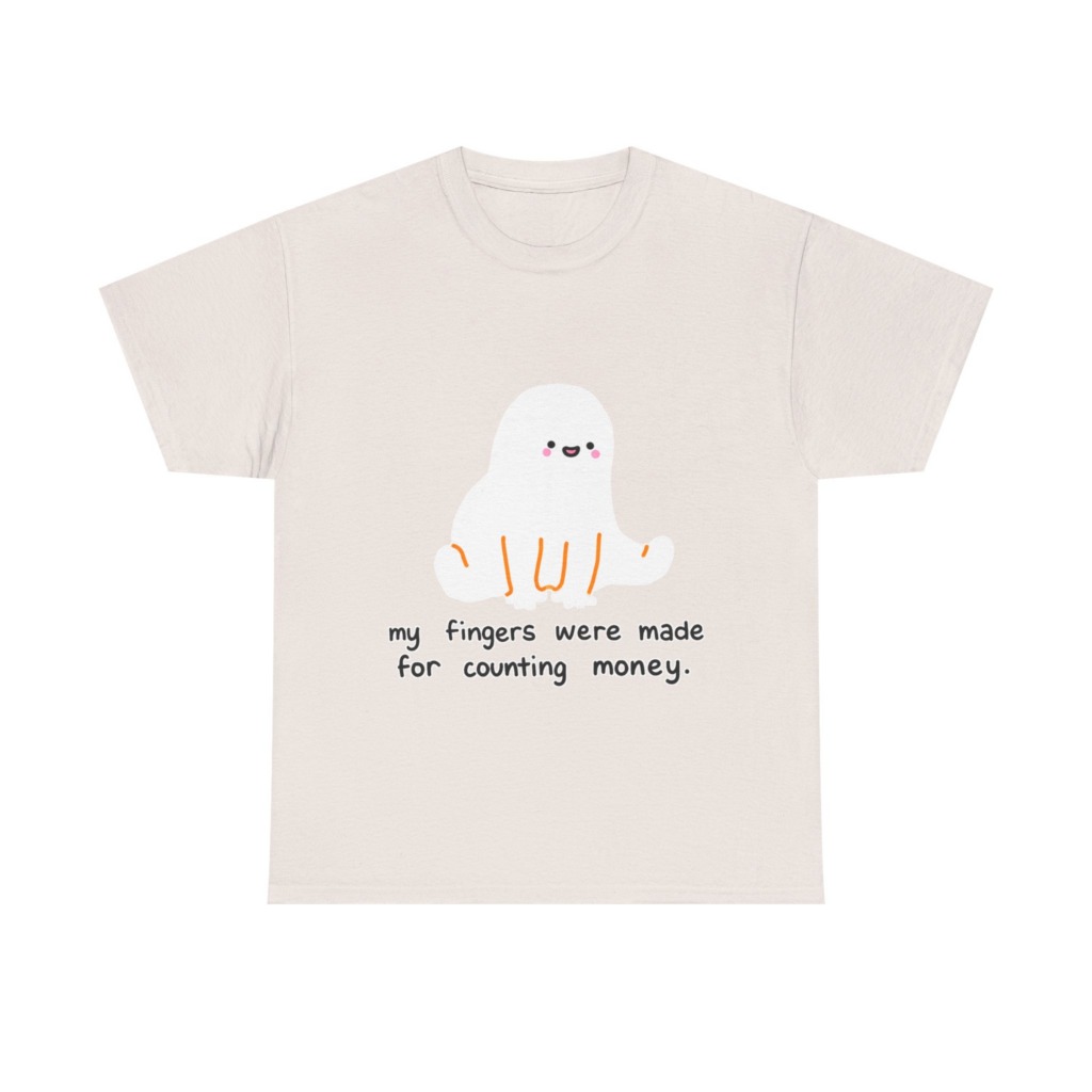 White T-Shirt with 'Counting Money Ghost' Graphic