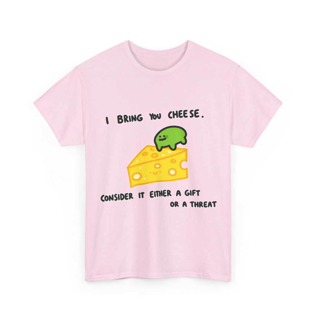 T-Shirt with Green Blob & Cheese 'Gift or Threat' Graphic