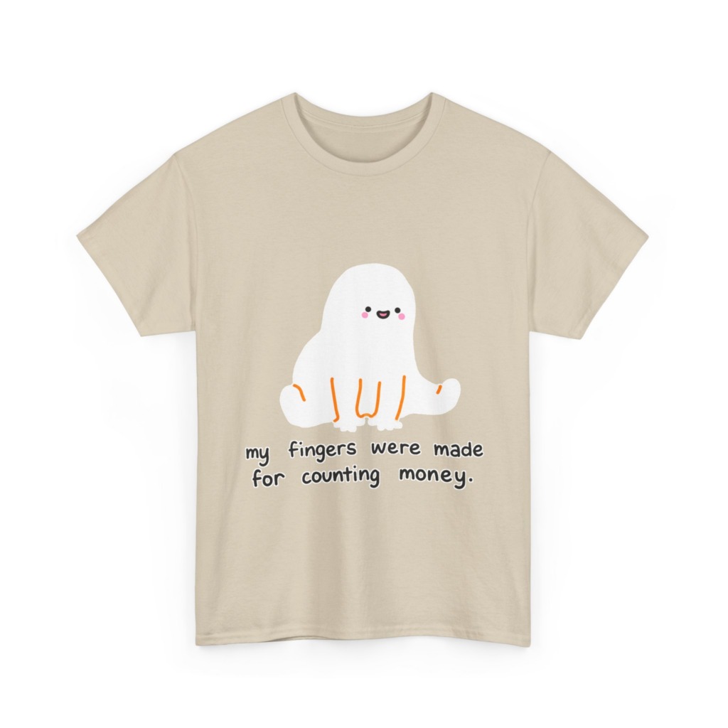 White T-Shirt with 'Counting Money Ghost' Graphic