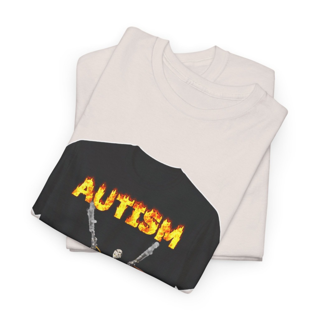 Black T-Shirt with Flaming Autism Text & Skeleton Guns