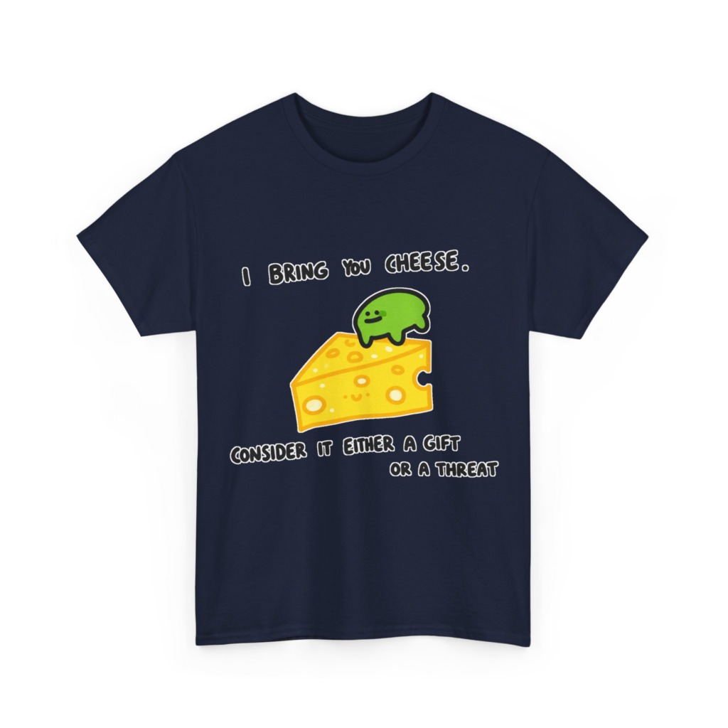 T-Shirt with Green Blob & Cheese 'Gift or Threat' Graphic