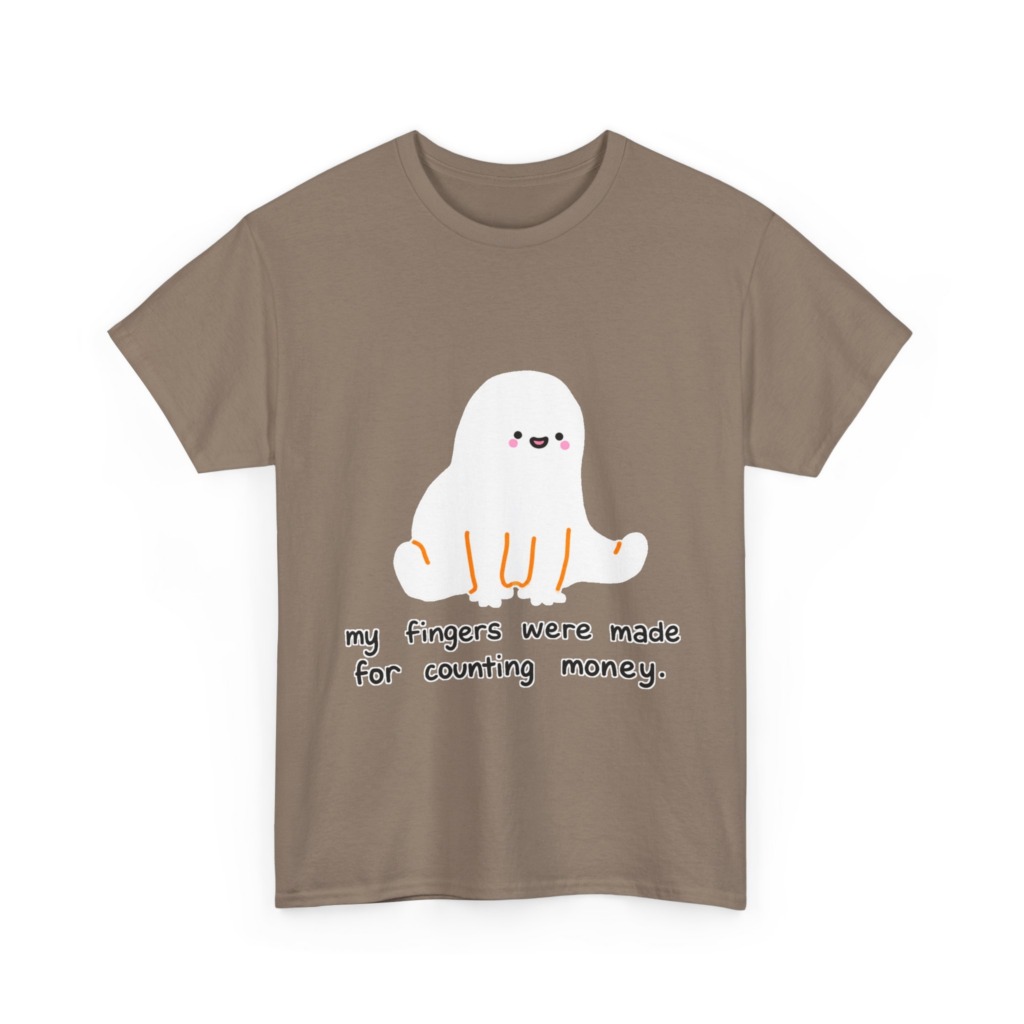 White T-Shirt with 'Counting Money Ghost' Graphic