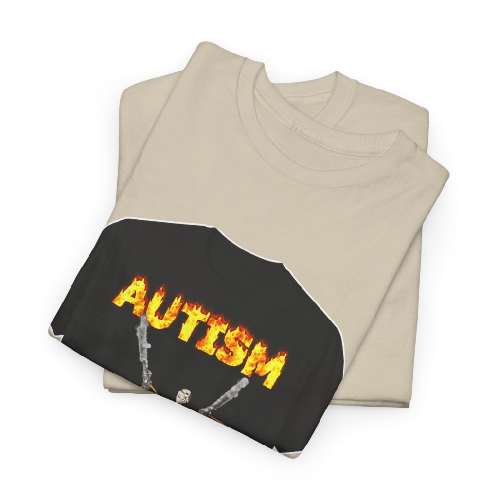 Black T-Shirt with Flaming Autism Text & Skeleton Guns