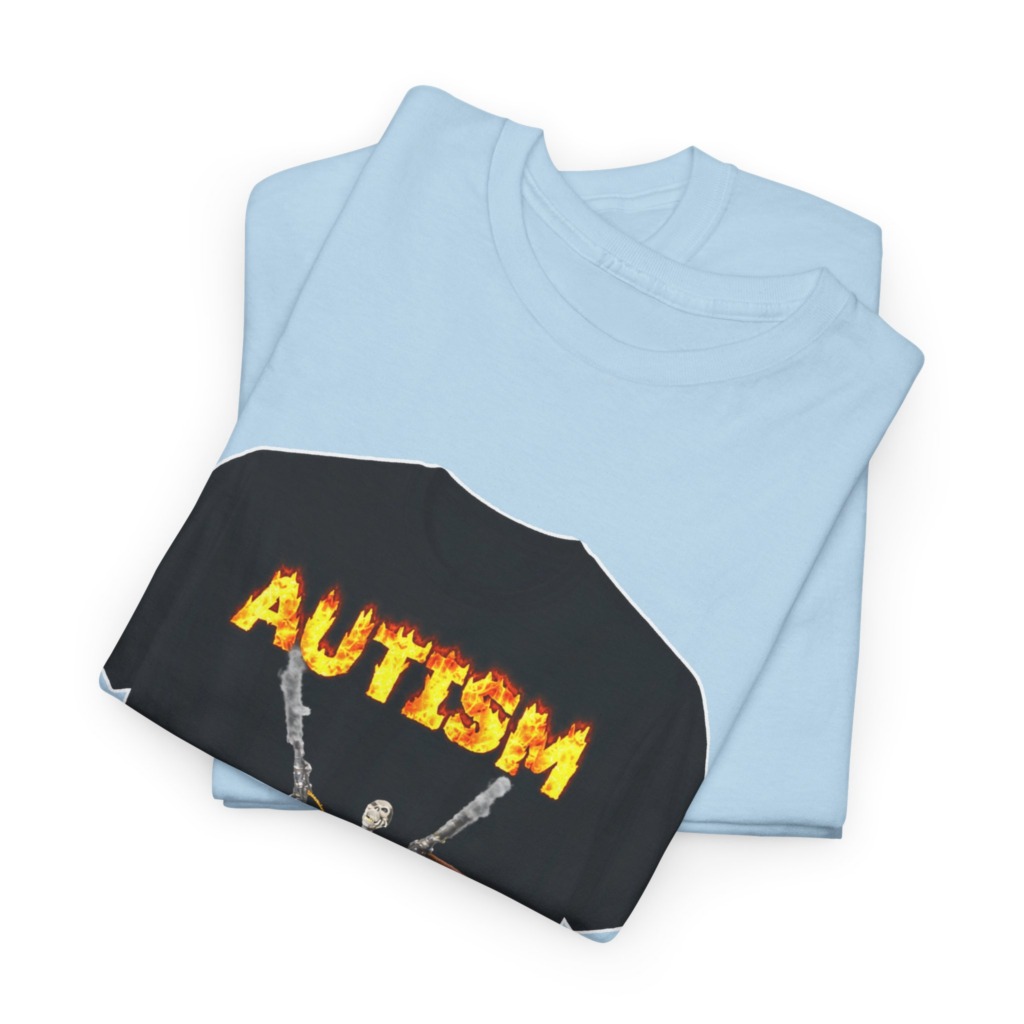 Black T-Shirt with Flaming Autism Text & Skeleton Guns